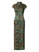Beth and Brian Qipao-XLY June Retro Leaf‑Print, 19 Mome Mulberry Silk Long Cheongsam With Cap Sleeves