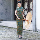 Beth and Brian Qipao-XLY June Retro Leaf‑Print, 19 Mome Mulberry Silk Long Cheongsam With Cap Sleeves