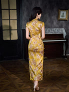 Beth and Brian Qipao-XLY Piper Golden Floral Real Silk Long Maxi Cheongsam With Cap Sleeves