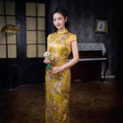 Beth and Brian Qipao-XLY Piper Golden Floral Real Silk Long Maxi Cheongsam With Cap Sleeves