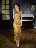 Beth and Brian Qipao-XLY Piper Golden Floral Real Silk Long Maxi Cheongsam With Cap Sleeves