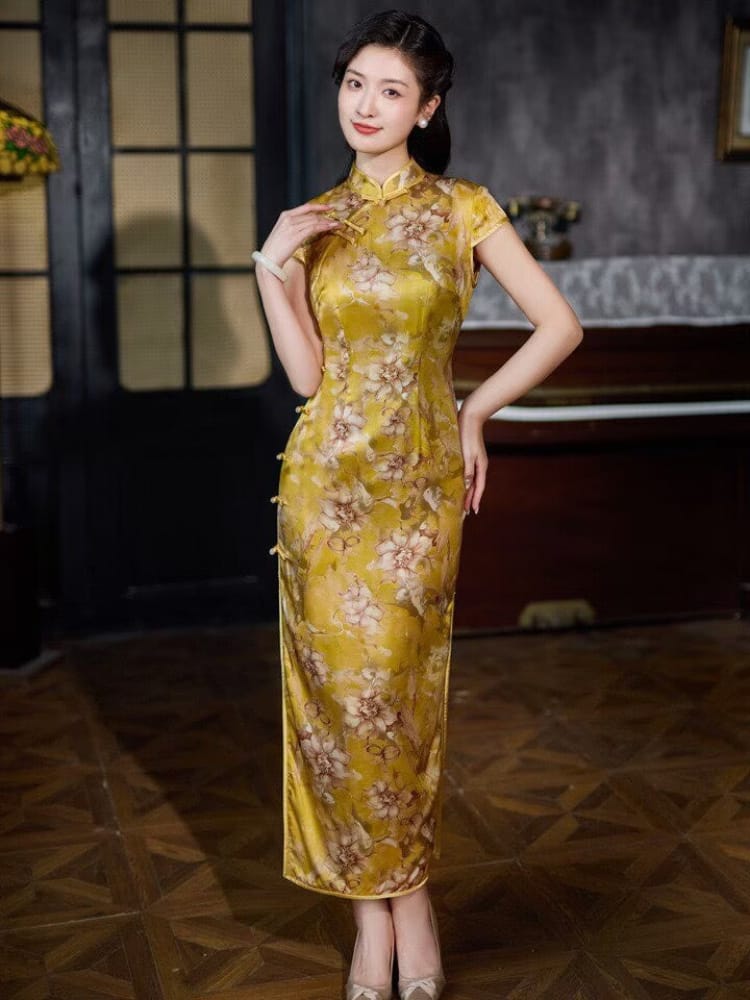 Beth and Brian Qipao-XLY Piper Golden Floral Real Silk Long Maxi Cheongsam With Cap Sleeves