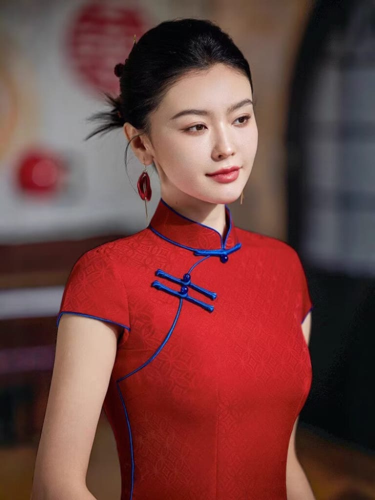 Beth and Brian Qipao-XLY Blair Red Jacquard‑Satin Maxi Bridal Cheongsam with Cap Sleeves