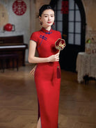 Beth and Brian Qipao-XLY Blair Red Jacquard‑Satin Maxi Bridal Cheongsam with Cap Sleeves