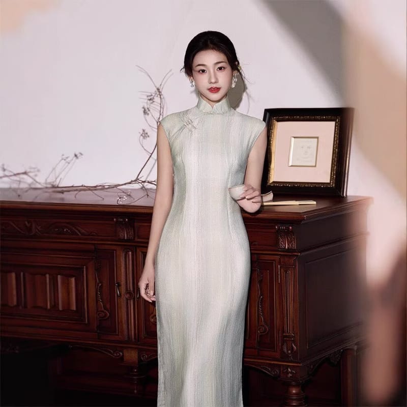 Beth and Brian Qipao-XLY Zoe Sleeveless Textured Tencel Long‑Maxi Qipao Dress