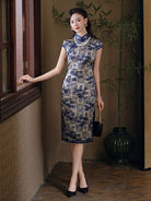 Beth and Brian Qipao-XLY Blake Blue Bamboo Geometric Pattern, High end, 19 Mome Mulberry Silk Midi Qipao Dress