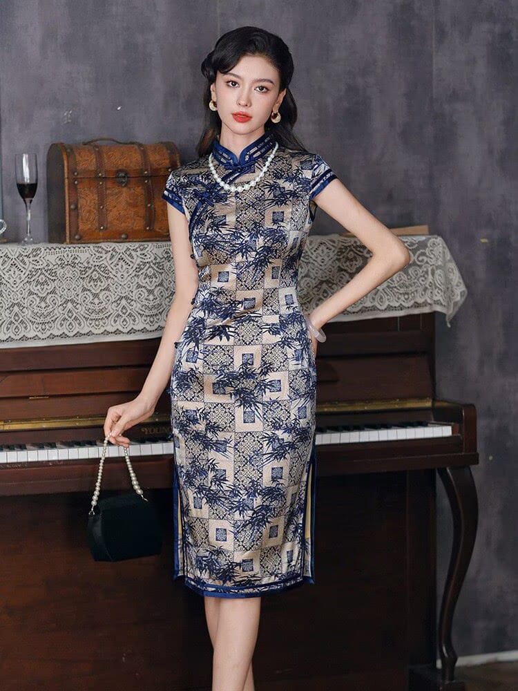 Beth and Brian Qipao-XLY Blake Blue Bamboo Geometric Pattern, High end, 19 Mome Mulberry Silk Midi Qipao Dress