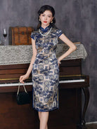 Beth and Brian Qipao-XLY Blake Blue Bamboo Geometric Pattern, High end, 19 Mome Mulberry Silk Midi Qipao Dress