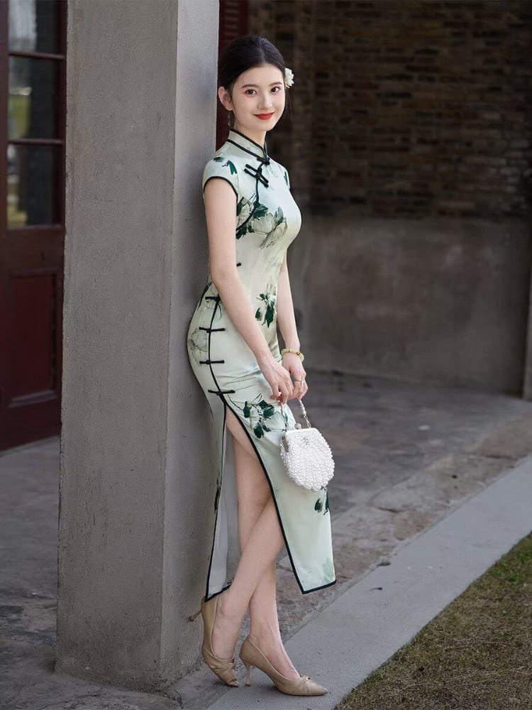 Beth and Brian Qipao-XLY Ink‑Green Floral Print, High end 19 Mome Mulberry Silk Cheongsam