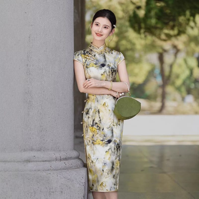 Beth and Brian Qipao-XLY Anna Ink‑Wash Landscape Pattern, High End 19 Mome Mulberry Silk Midi Cheongsam