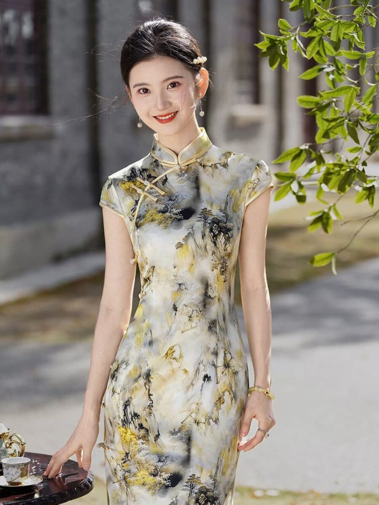 Beth and Brian Qipao-XLY Anna Ink‑Wash Landscape Pattern, High End 19 Mome Mulberry Silk Midi Cheongsam