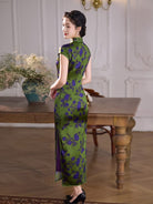 Beth and Brian Qipao-XLY Thea Green-Purple Floral 19 Mome Mulberry Silk High End Long Cheongsam