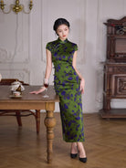 Beth and Brian Qipao-XLY Thea Green-Purple Floral 19 Mome Mulberry Silk High End Long Cheongsam
