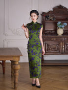 Beth and Brian Qipao-XLY Thea Green-Purple Floral 19 Mome Mulberry Silk High End Long Cheongsam