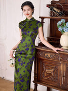 Beth and Brian Qipao-XLY Thea Green-Purple Floral 19 Mome Mulberry Silk High End Long Cheongsam