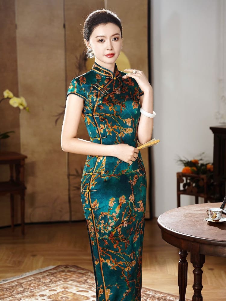 Beth and Brian Qipao-XLY Freya Teal Plum‑Blossom, 19 Mome Mulberry Silk High End Long Cheongsam