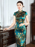 Beth and Brian Qipao-XLY Freya Teal Plum‑Blossom, 19 Mome Mulberry Silk High End Long Cheongsam