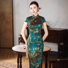 Beth and Brian Qipao-XLY Freya Teal Plum‑Blossom, 19 Mome Mulberry Silk High End Long Cheongsam