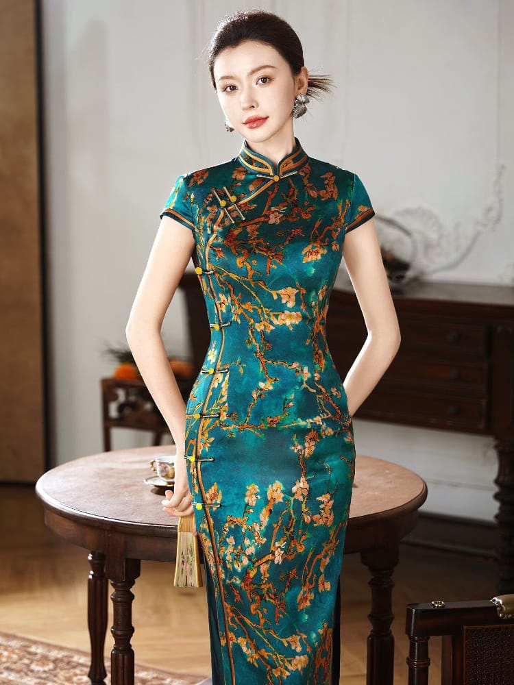 Beth and Brian Qipao-XLY Freya Teal Plum‑Blossom, 19 Mome Mulberry Silk High End Long Cheongsam
