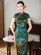 Beth and Brian Qipao-XLY Freya Teal Plum‑Blossom, 19 Mome Mulberry Silk High End Long Cheongsam