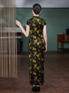 Beth and Brian Qipao-XLY Blair Black Base Golden Floral Print, High end 19 Mome Mulberry Silk Long Cheongsam