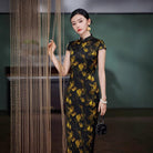 Beth and Brian Qipao-XLY Blair Black Base Golden Floral Print, High end 19 Mome Mulberry Silk Long Cheongsam