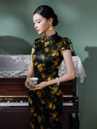 Beth and Brian Qipao-XLY Blair Black Base Golden Floral Print, High end 19 Mome Mulberry Silk Long Cheongsam