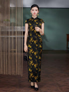 Beth and Brian Qipao-XLY Blair Black Base Golden Floral Print, High end 19 Mome Mulberry Silk Long Cheongsam