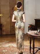 Beth and Brian Qipao-XLY Iris Golden‑Leaf Lace Trim, 19 Mome Mulberry Silk High end Long Cheongsam