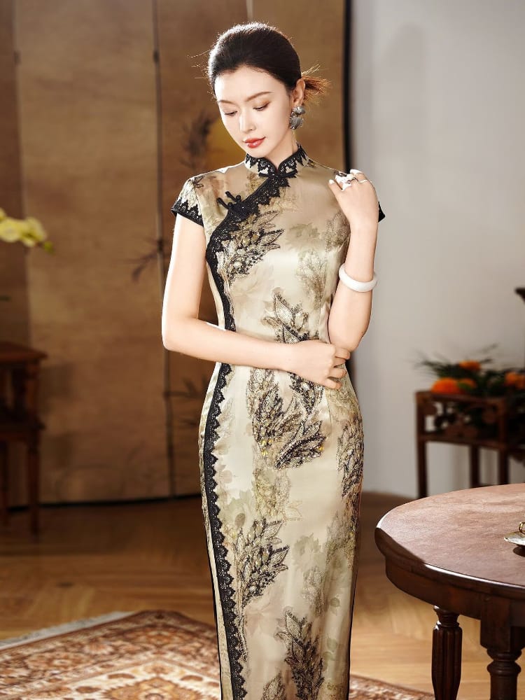 Beth and Brian Qipao-XLY Iris Golden‑Leaf Lace Trim, 19 Mome Mulberry Silk High end Long Cheongsam