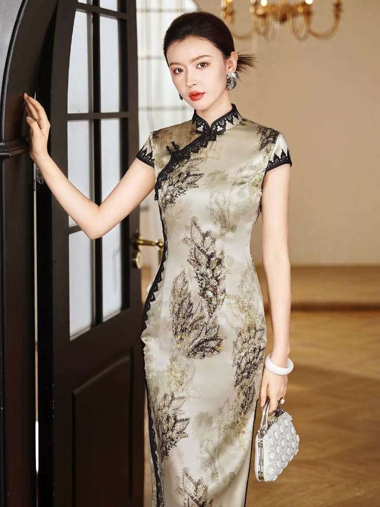 Beth and Brian Qipao-XLY Iris Golden‑Leaf Lace Trim, 19 Mome Mulberry Silk High end Long Cheongsam