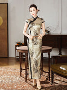 Beth and Brian Qipao-XLY Iris Golden‑Leaf Lace Trim, 19 Mome Mulberry Silk High end Long Cheongsam