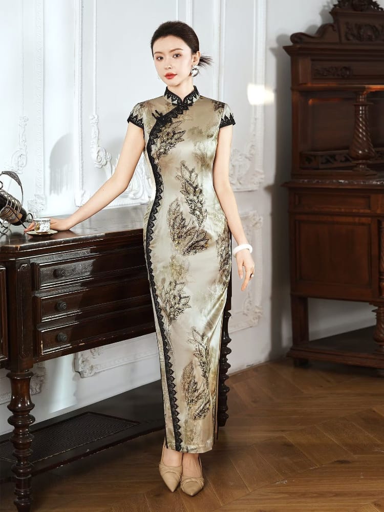 Beth and Brian Qipao-XLY Iris Golden‑Leaf Lace Trim, 19 Mome Mulberry Silk High end Long Cheongsam