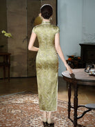 Beth and Brian Qipao-XLY Chloe Light Golden Floral Pattern, High end, 19 Mome Mulberry Silk Long Cheongsam