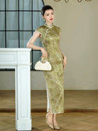 Beth and Brian Qipao-XLY Chloe Light Golden Floral Pattern, High end, 19 Mome Mulberry Silk Long Cheongsam