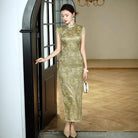 Beth and Brian Qipao-XLY Chloe Light Golden Floral Pattern, High end, 19 Mome Mulberry Silk Long Cheongsam