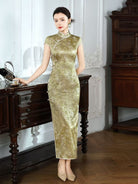 Beth and Brian Qipao-XLY Chloe Light Golden Floral Pattern, High end, 19 Mome Mulberry Silk Long Cheongsam