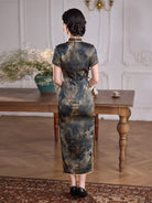 Beth and Brian Qipao-XLY Vivian Dark Peony Pattern, High end, 19 Mome Mulberry Silk Long Cheongsam