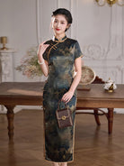 Beth and Brian Qipao-XLY Vivian Dark Peony Pattern, High end, 19 Mome Mulberry Silk Long Cheongsam