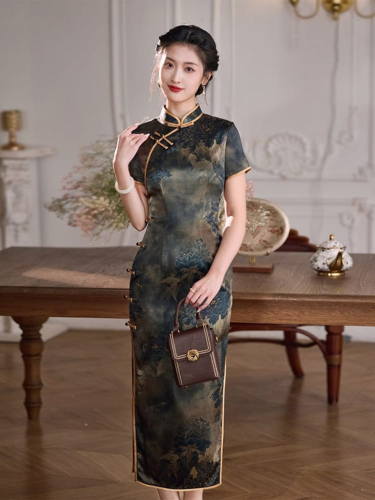 Beth and Brian Qipao-XLY Vivian Dark Peony Pattern, High end, 19 Mome Mulberry Silk Long Cheongsam