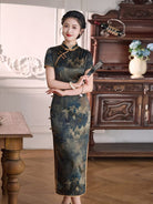 Beth and Brian Qipao-XLY Vivian Dark Peony Pattern, High end, 19 Mome Mulberry Silk Long Cheongsam