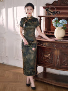 Beth and Brian Qipao-XLY Vivian Dark Peony Pattern, High end, 19 Mome Mulberry Silk Long Cheongsam
