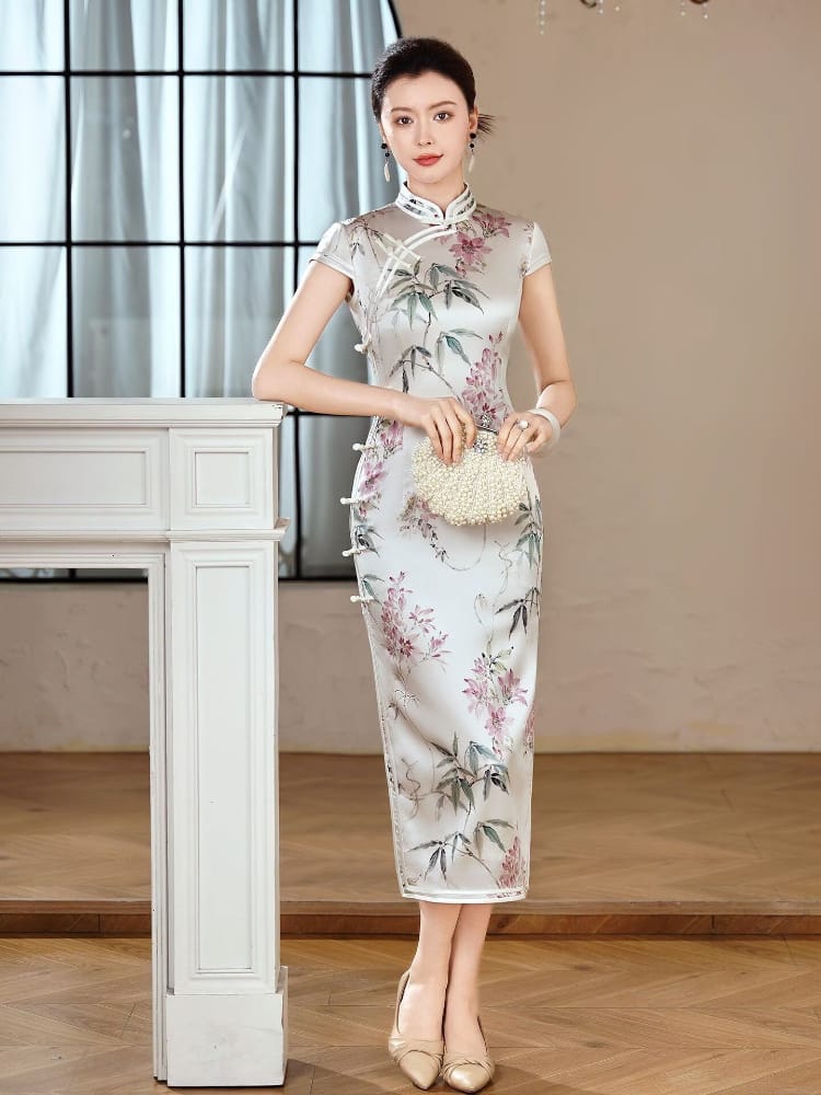 Beth and Brian Qipao-XLY Hazel Bamboo Floral Print, 19 Mome Mulberry Silk, High end Midi‑Length Cheongsam