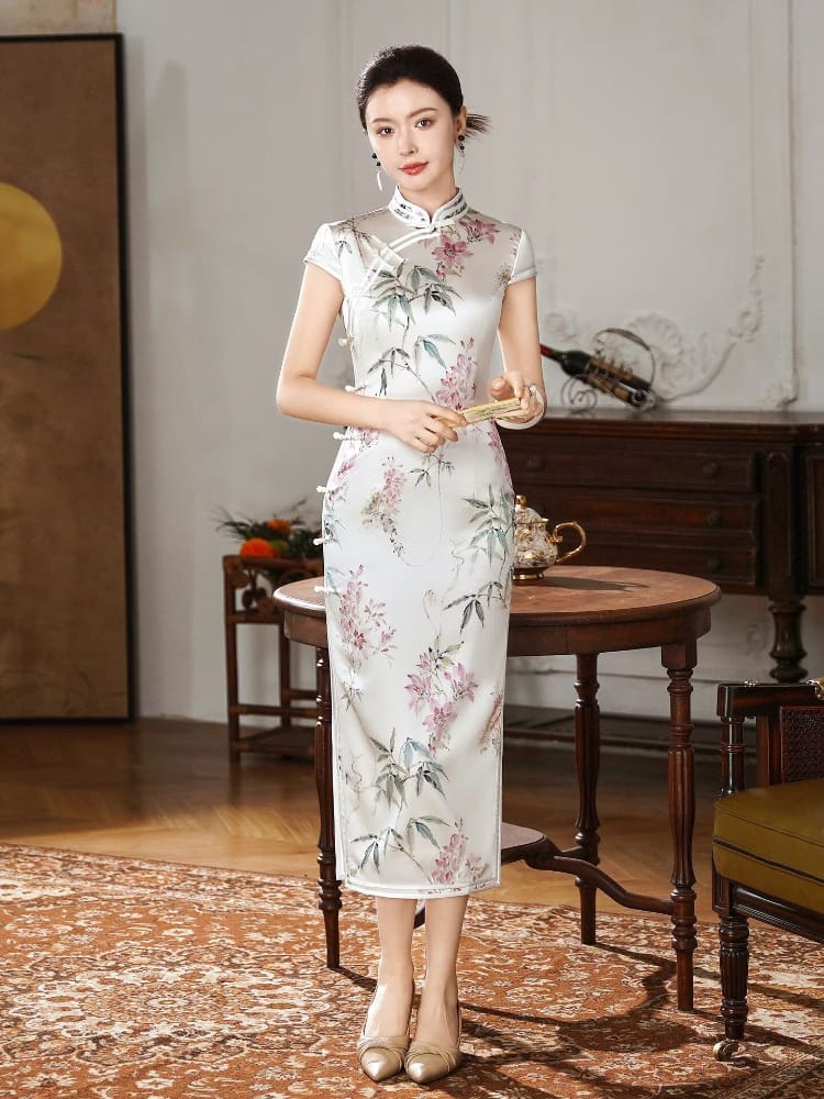 Beth and Brian Qipao-XLY Hazel Bamboo Floral Print, 19 Mome Mulberry Silk, High end Midi‑Length Cheongsam