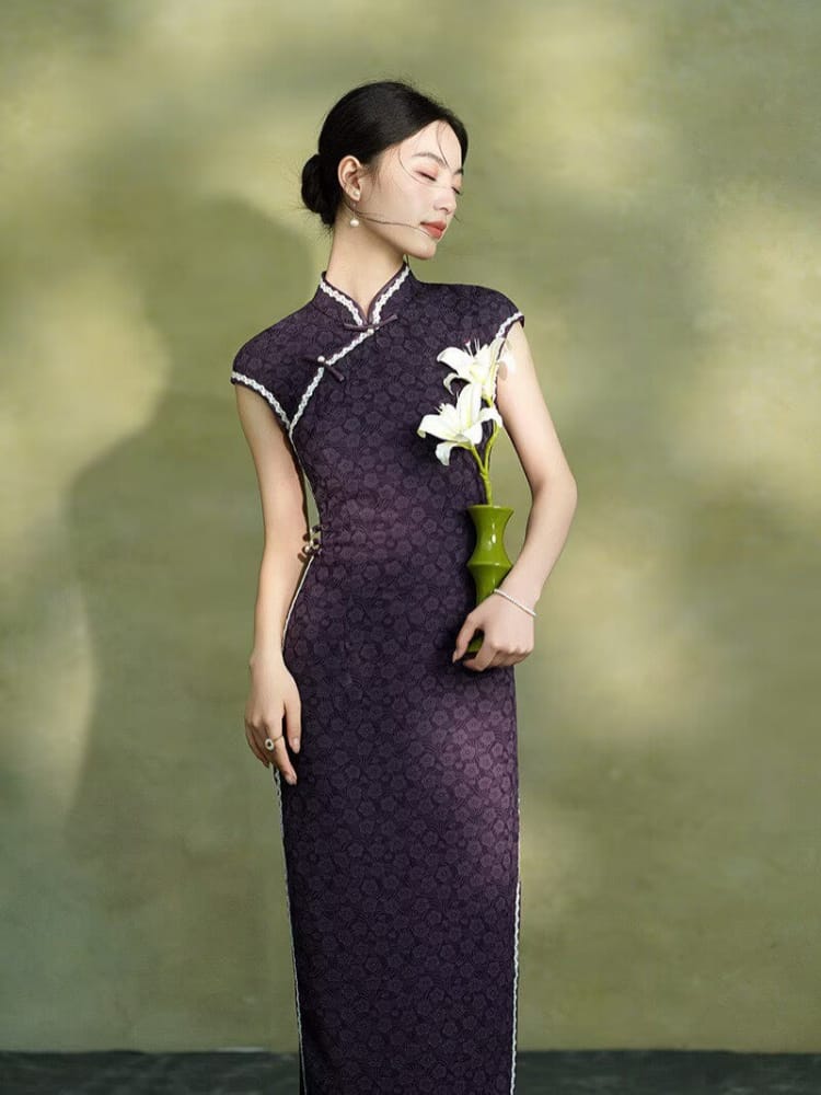 Beth and Brian Qipao-XL Lydia Solid Jacquard Silk Midi Cheongsam
