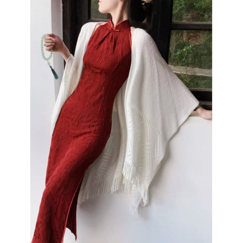 Beth and Brian qipao-DAF Zoe Jacquard Halter Red Midi Qipao with Knit Fringe Shawl Set