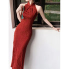 Beth and Brian qipao-DAF Zoe Jacquard Halter Red Midi Qipao with Knit Fringe Shawl Set