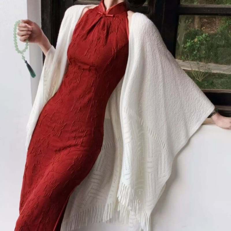 Beth and Brian qipao-DAF Zoe Jacquard Halter Red Midi Qipao with Knit Fringe Shawl Set