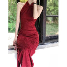 Beth and Brian qipao-DAF Zoe Jacquard Halter Red Midi Qipao with Knit Fringe Shawl Set