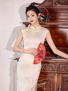Beth and Brian Qipao-XLY Mia Beige Floral Embroidery, Acetate Long Cheongsam